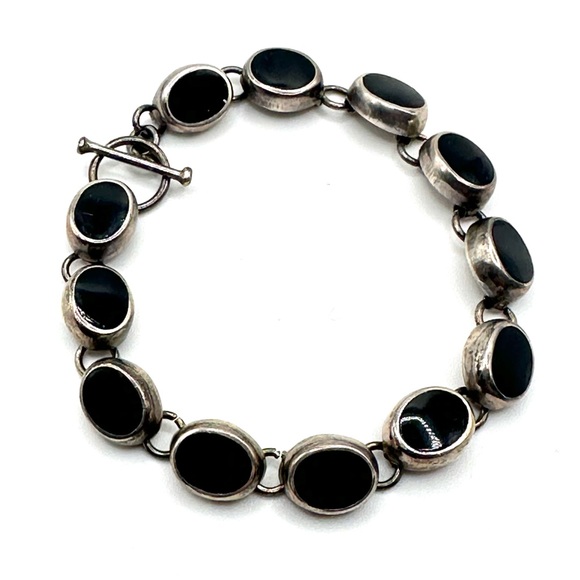 Sterling Silver 925 Black Onyx Link Bracelet 7 1/4” Toggle Closure - Picture 2 of 12